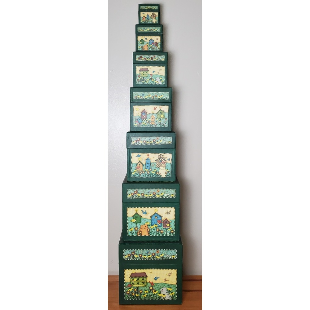 Bob's Boxes Nesting Stacking Birdsong Primitive Set Of 7 Debi Hron Country Cats